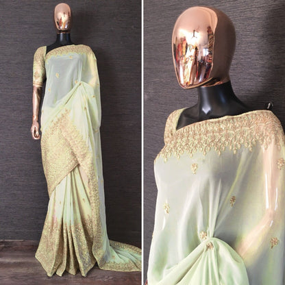 Light pista rangoli silk embroidery work wedding saree