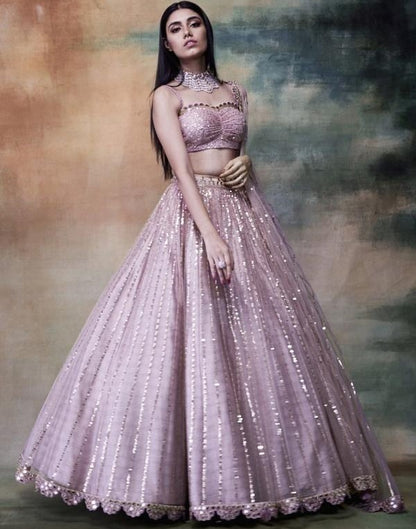 Light purple butterfly net heavy embroidered foil mirror work lehenga choli