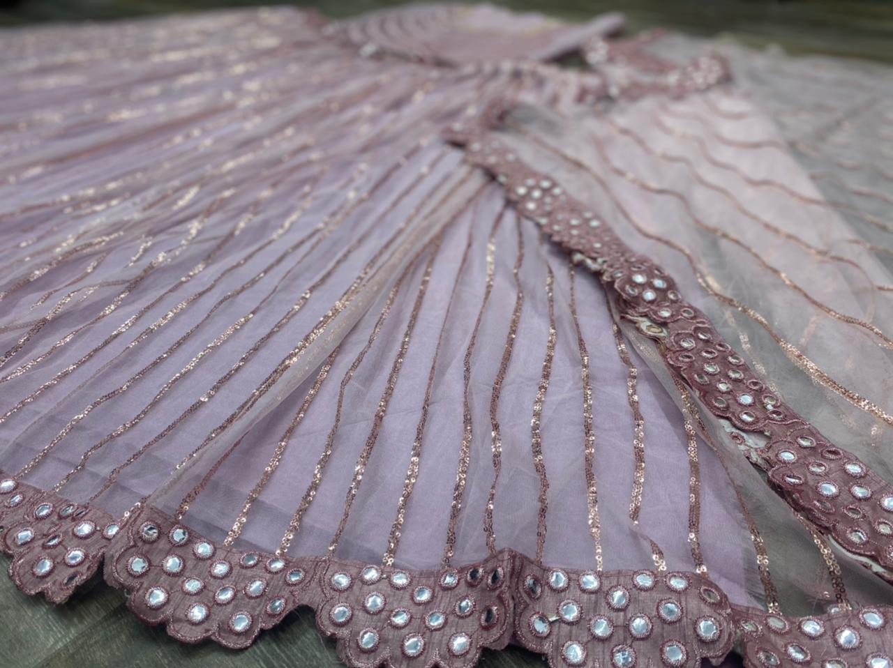 Light purple butterfly net heavy embroidered foil mirror work lehenga choli