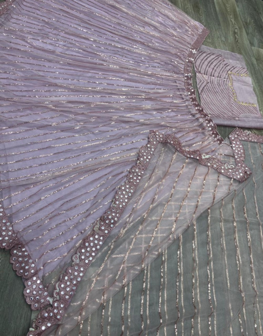 Light purple butterfly net heavy embroidered foil mirror work lehenga choli