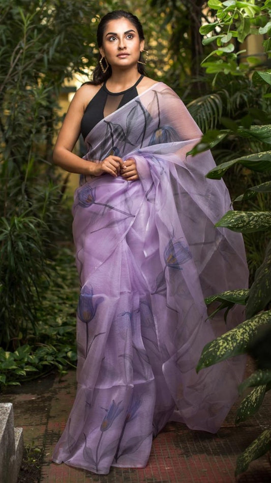 Light purple digital printed organza saree