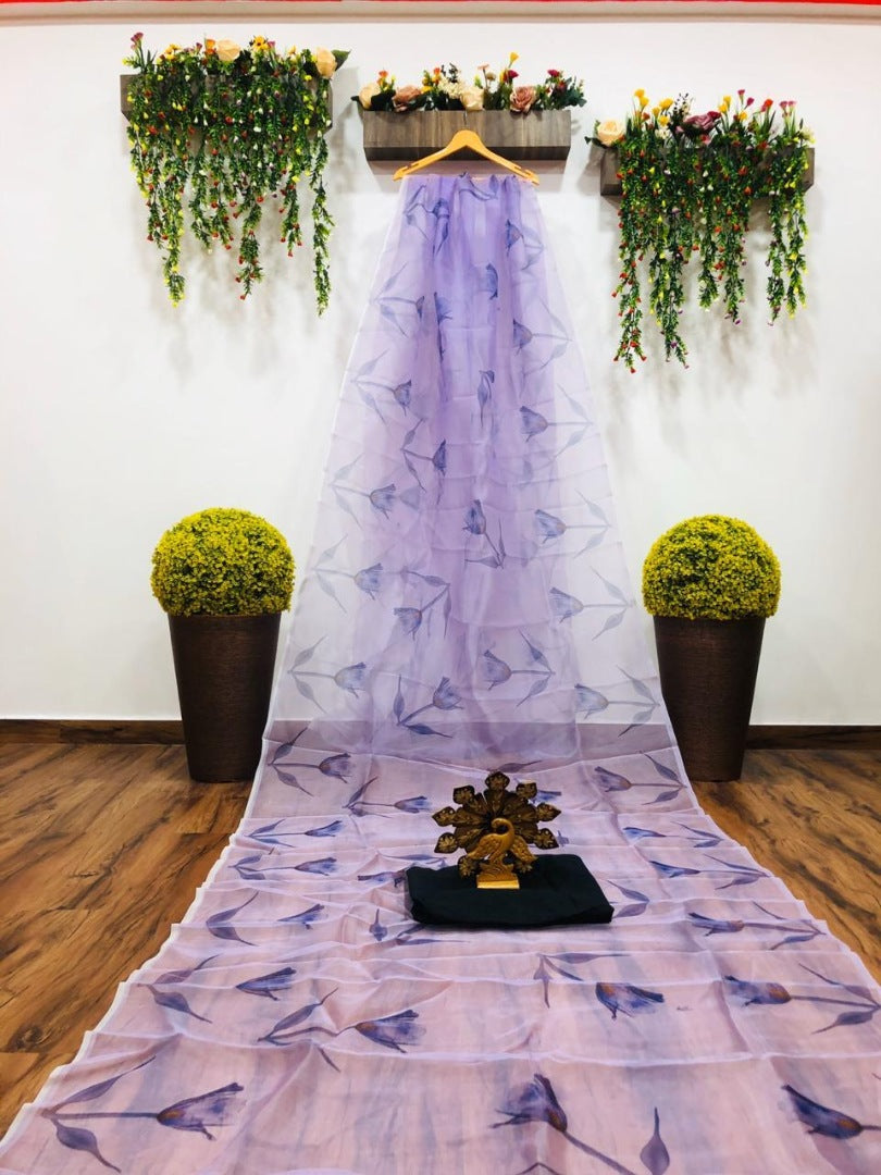 Light purple digital printed organza saree