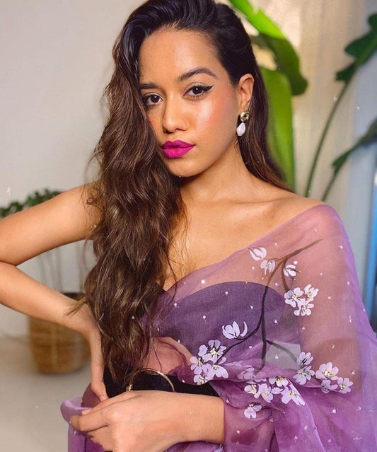 Light purple floral printed organza saree