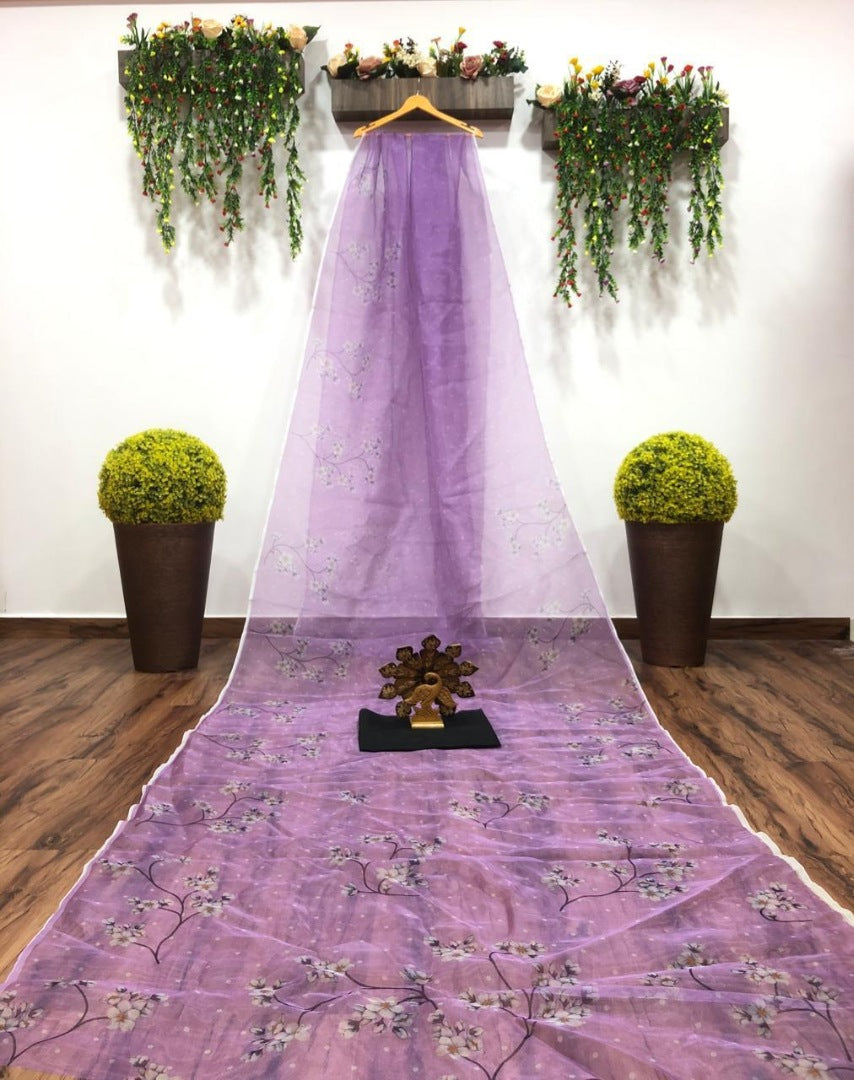 Light purple floral printed organza saree