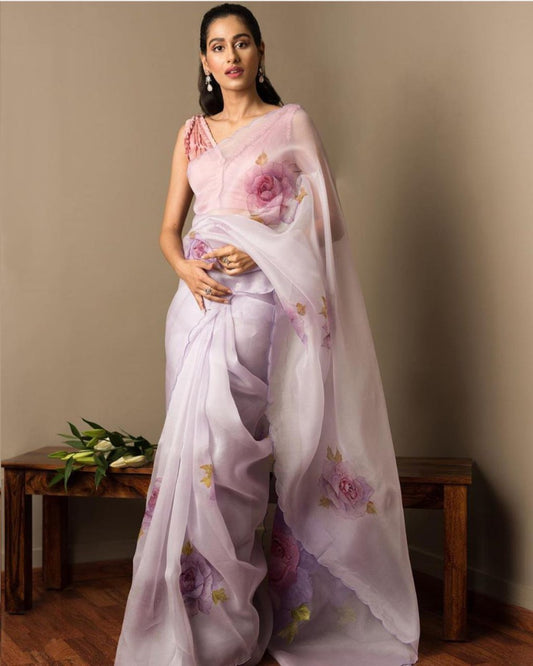 Light purple flower printed organza saree