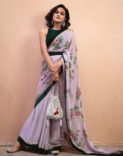Light purple georgette digital flower printed saree