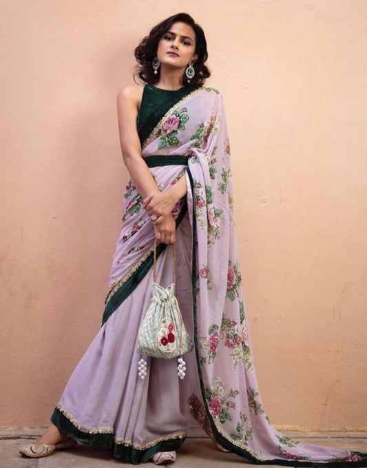 Light purple georgette digital flower printed saree