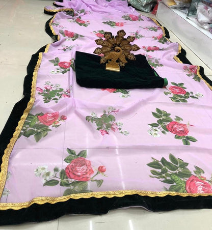 Light purple georgette digital flower printed saree