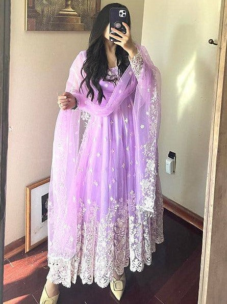 Light purple georgette heavy chainstitch embroidery party wear anarkali suit