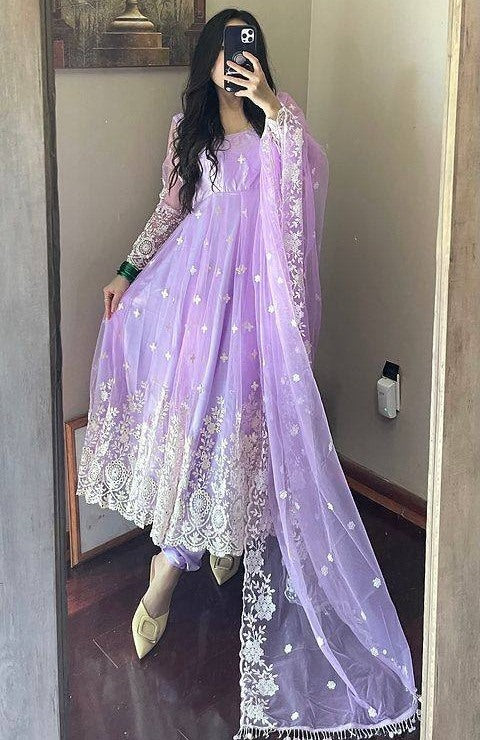 Light purple georgette heavy chainstitch embroidery party wear anarkali suit