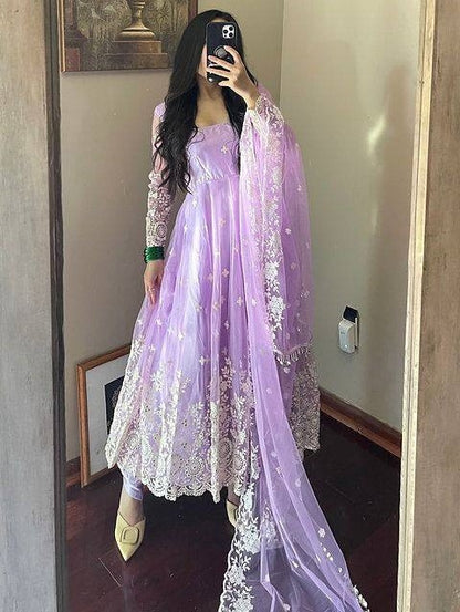 Light purple georgette heavy chainstitch embroidery party wear anarkali suit