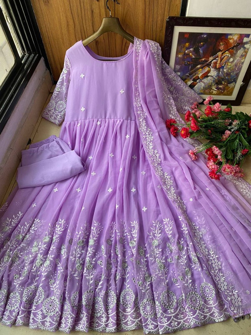 Light purple georgette heavy chainstitch embroidery party wear anarkali suit
