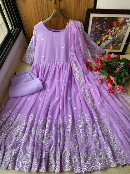 Light purple georgette heavy chainstitch embroidery party wear anarkali suit