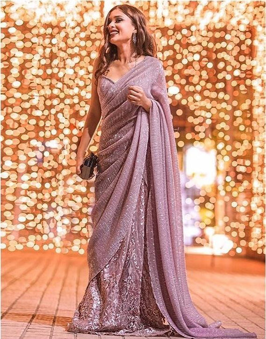 Light purple georgette sequence and thread work designer saree