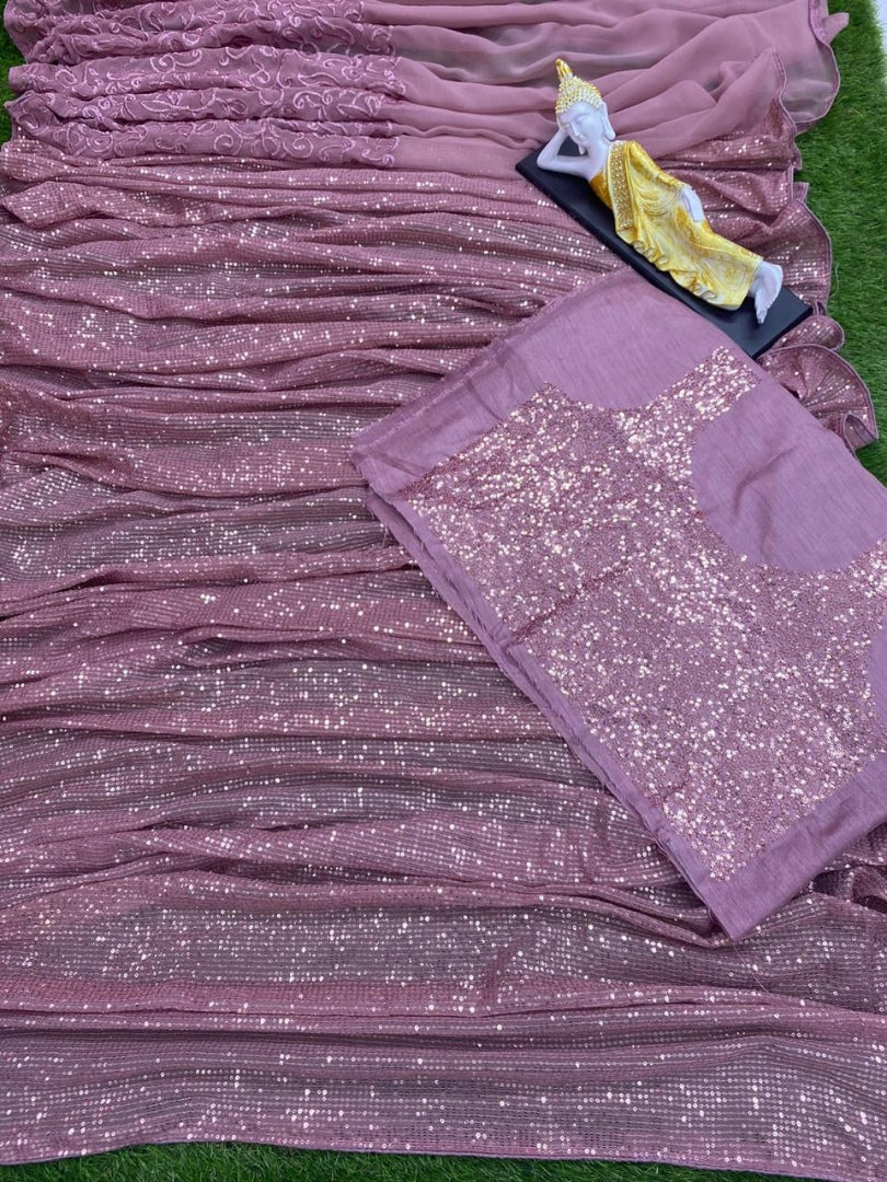 Light purple georgette sequence and thread work designer saree
