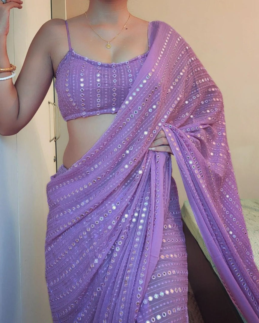 Light purple georgette thread and sequence work party wear saree