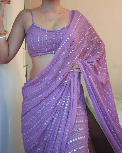 Light purple georgette thread and sequence work party wear saree
