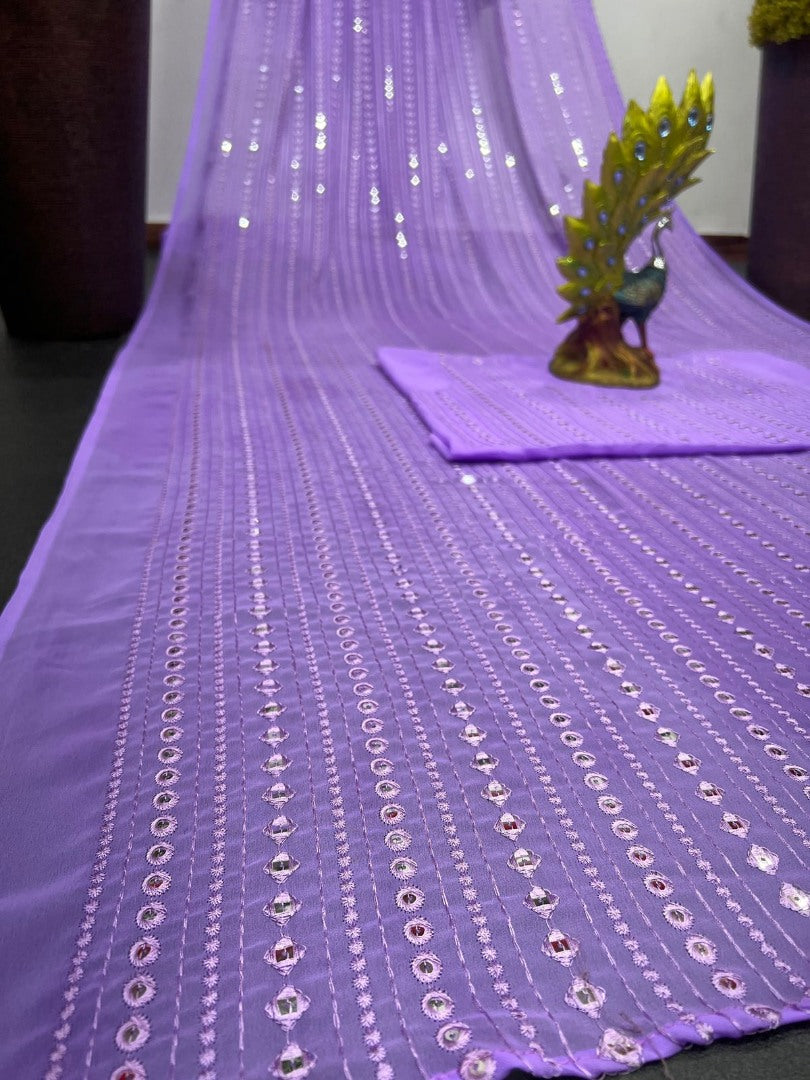 Light purple georgette thread and sequence work party wear saree