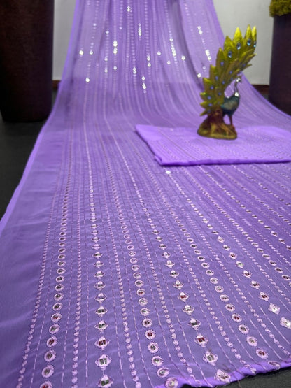Light purple georgette thread and sequence work party wear saree