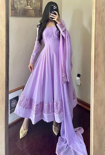 Light purple georgette thread embroidered party wear anarkali suit