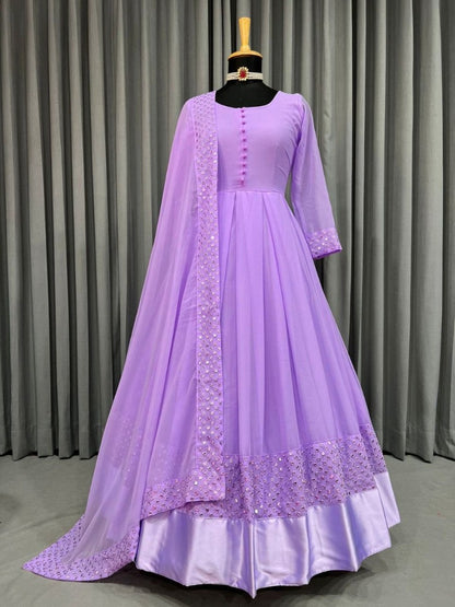 Light purple georgette thread embroidered party wear anarkali suit