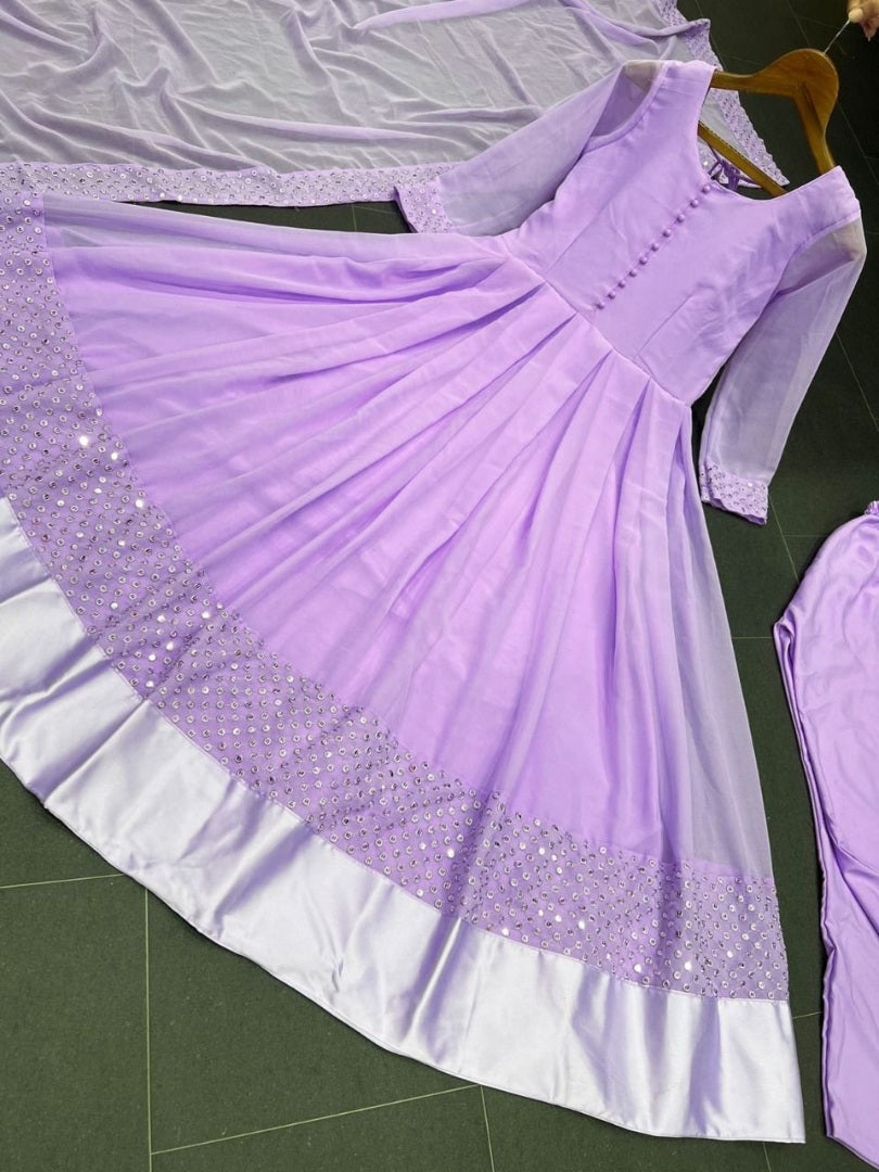Light purple georgette thread embroidered party wear anarkali suit