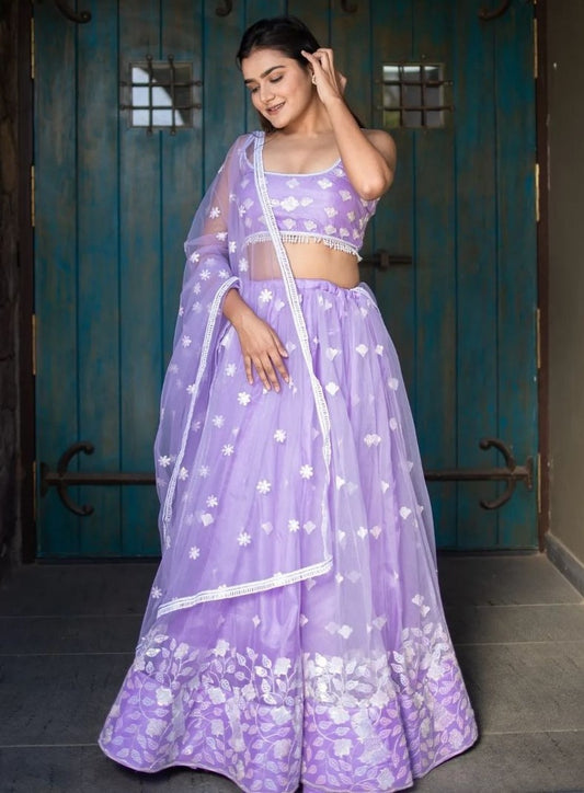 Light purple soft net sequence and thread embroidery work lehenga choli for ceremony