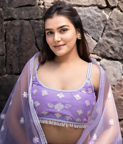 Light purple soft net sequence and thread embroidery work lehenga choli for ceremony