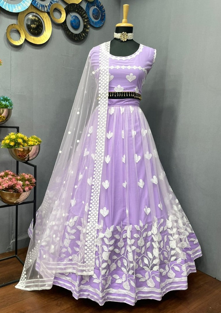 Light purple soft net sequence and thread embroidery work lehenga choli for ceremony