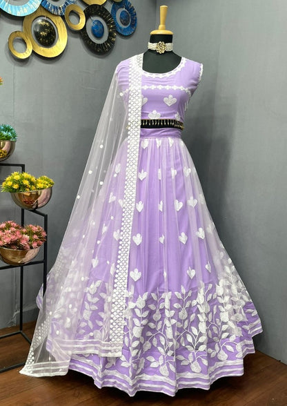 Light purple soft net sequence and thread embroidery work lehenga choli for ceremony