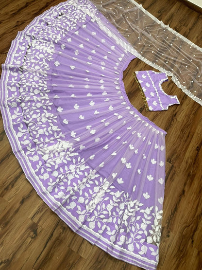 Light purple soft net sequence and thread embroidery work lehenga choli for ceremony