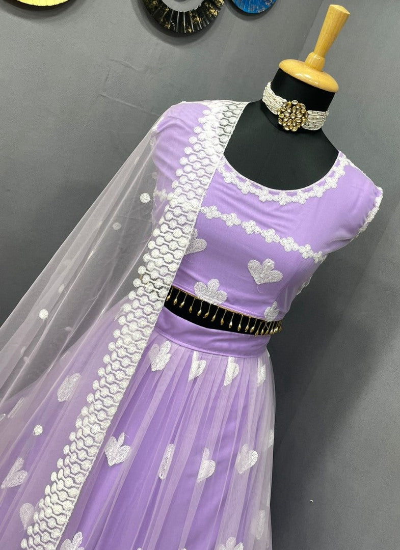 Light purple soft net sequence and thread embroidery work lehenga choli for ceremony