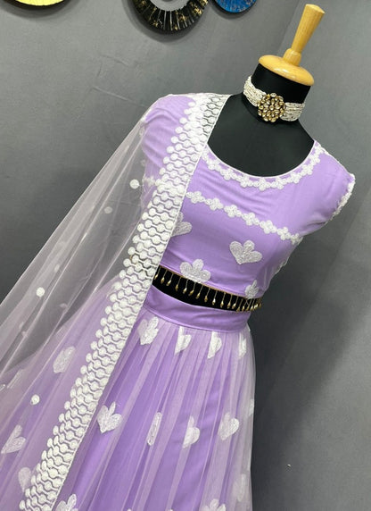 Light purple soft net sequence and thread embroidery work lehenga choli for ceremony