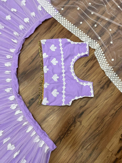 Light purple soft net sequence and thread embroidery work lehenga choli for ceremony