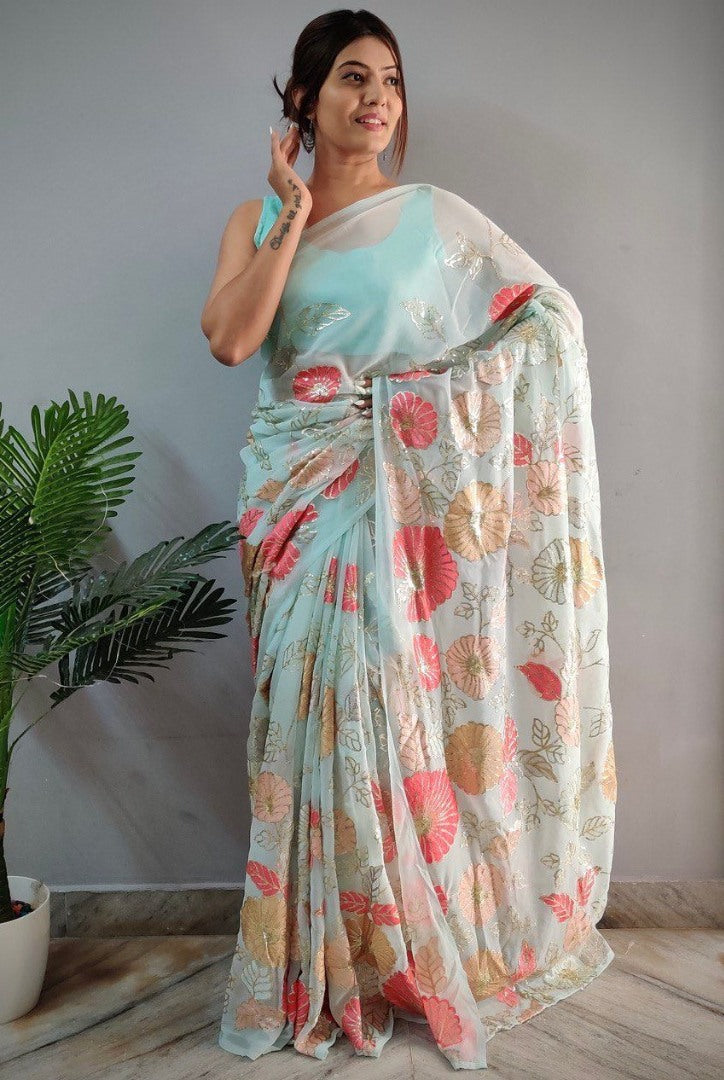 Light sea green georgette multi embroidered saree