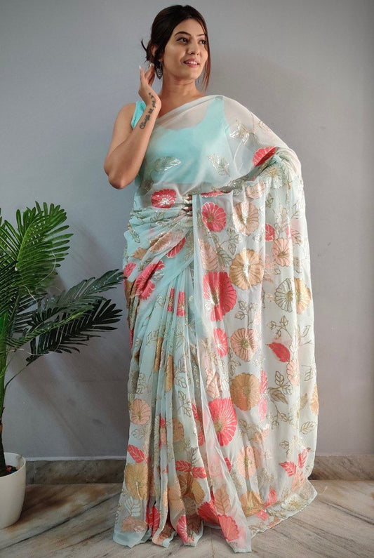 Light sea green georgette multi embroidered saree