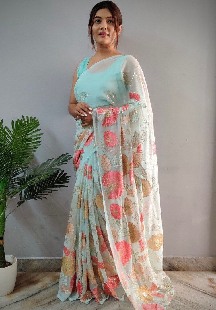 Light sea green georgette multi embroidered saree