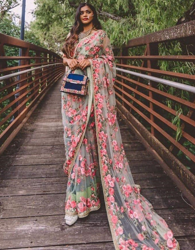 Light sea green heavy flower embroidered designer wedding saree