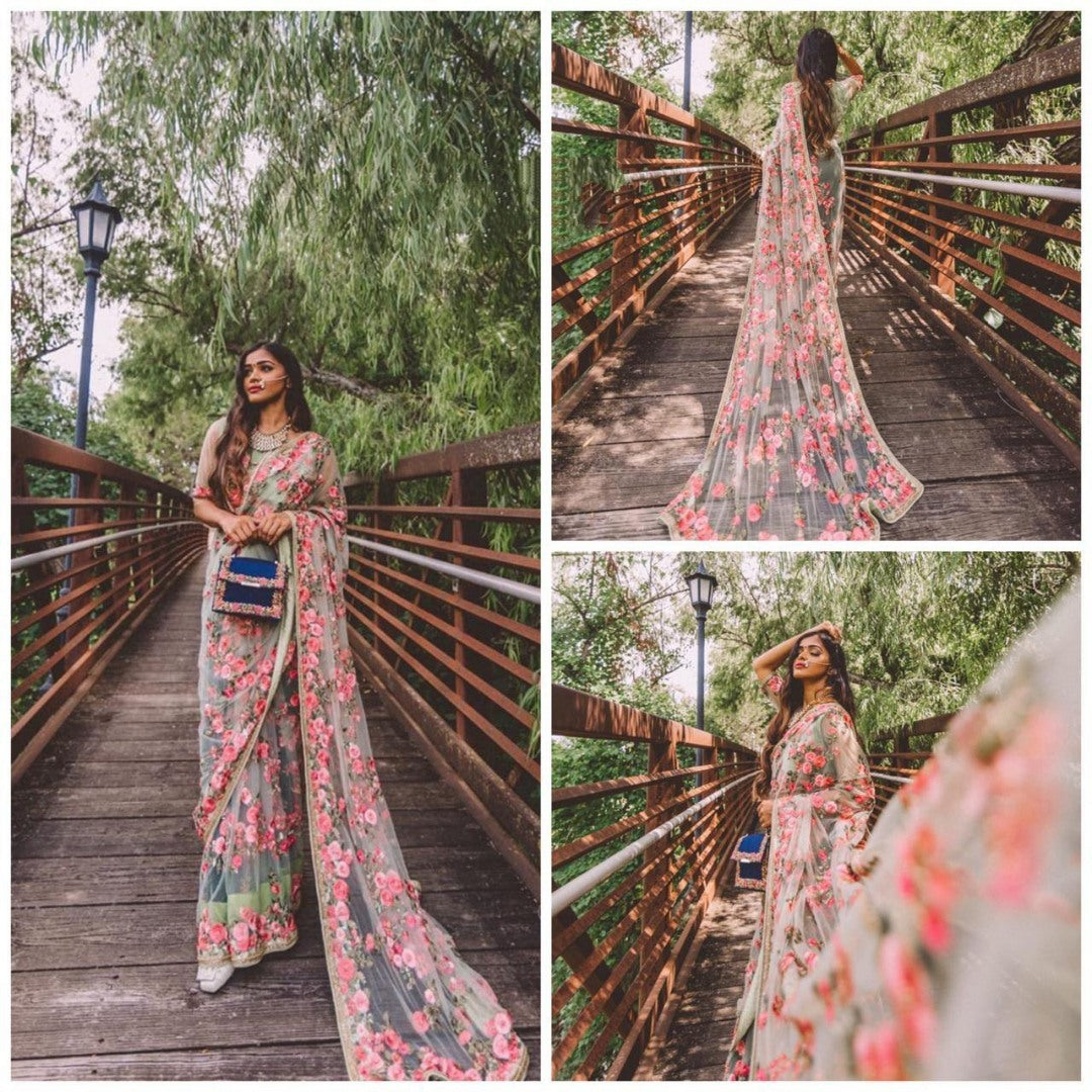 Light sea green heavy flower embroidered designer wedding saree