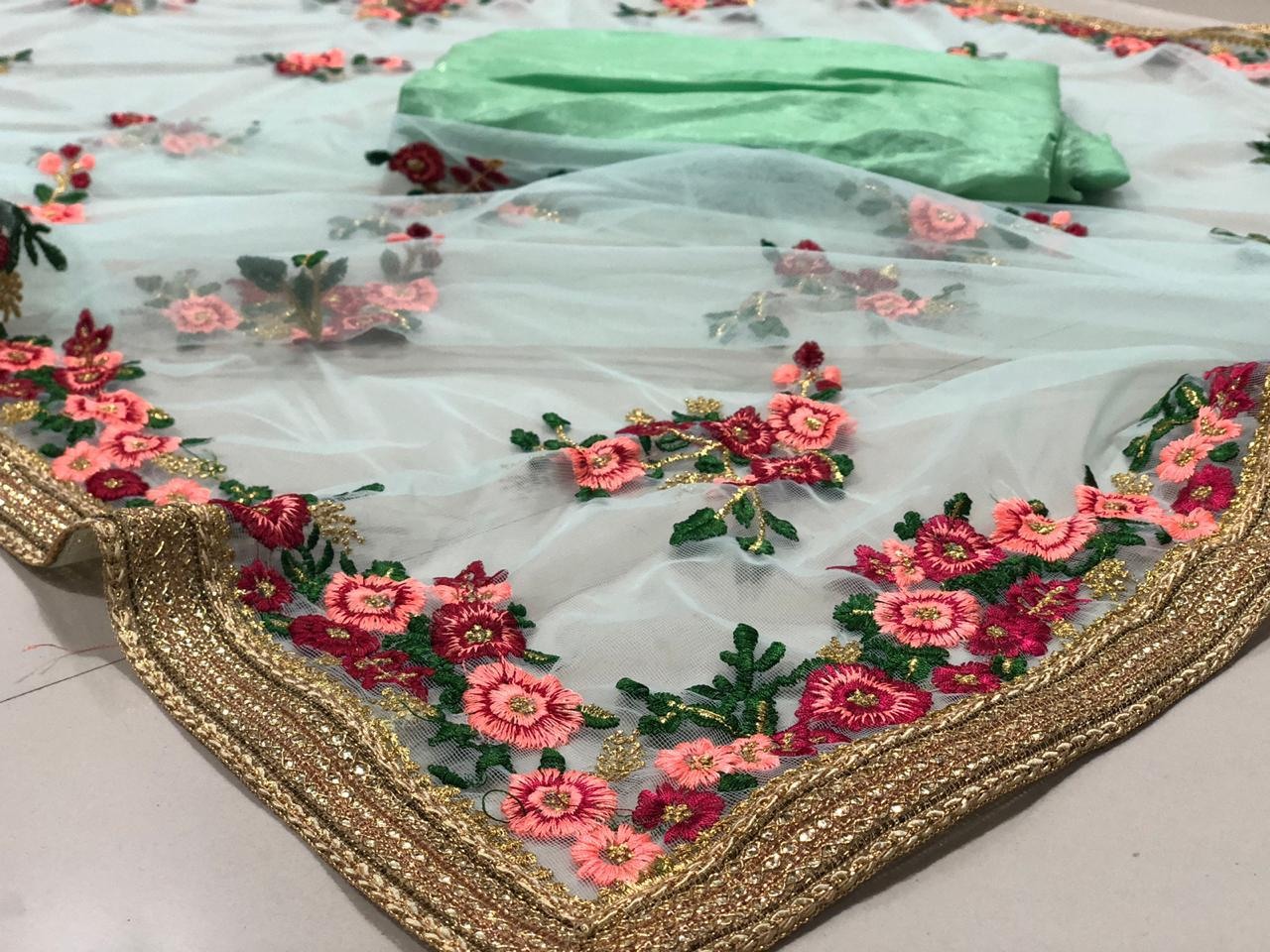 Light sea green heavy flower embroidered designer wedding saree