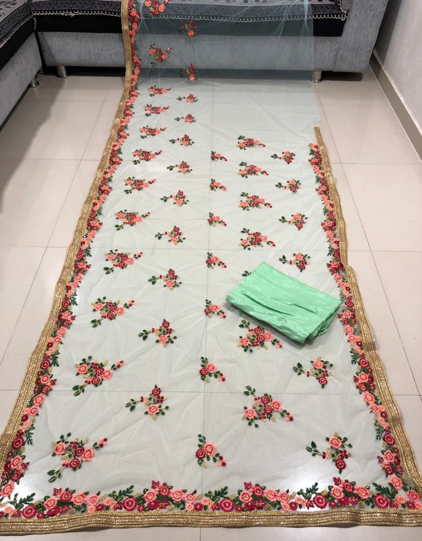 Light sea green heavy flower embroidered designer wedding saree