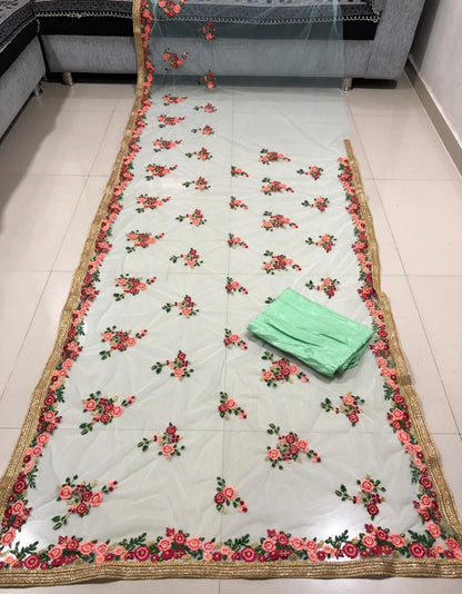 Light sea green heavy flower embroidered designer wedding saree