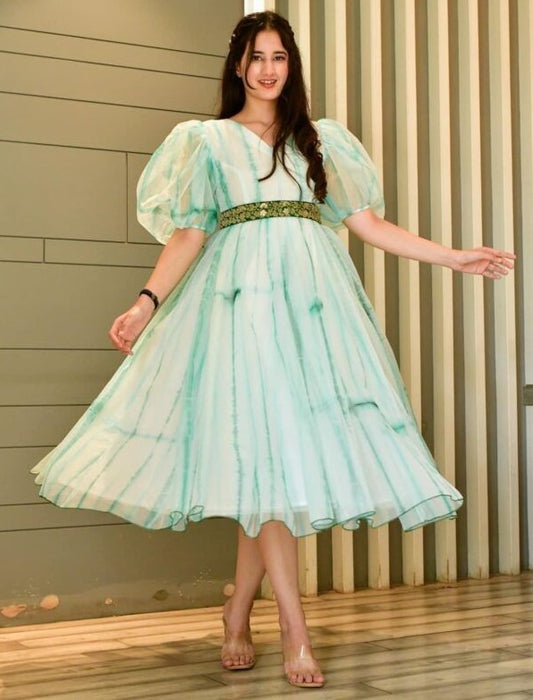 Light sea green organza printed balloon sleeves frock kurti