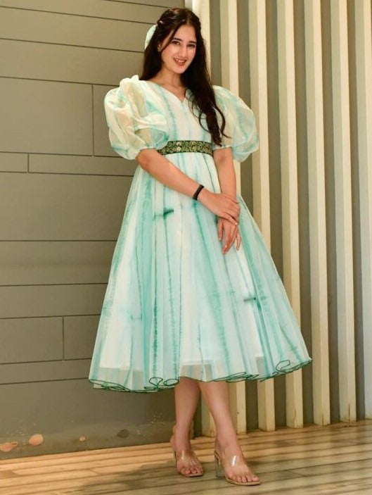 Light sea green organza printed balloon sleeves frock kurti