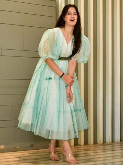 Light sea green organza printed balloon sleeves frock kurti