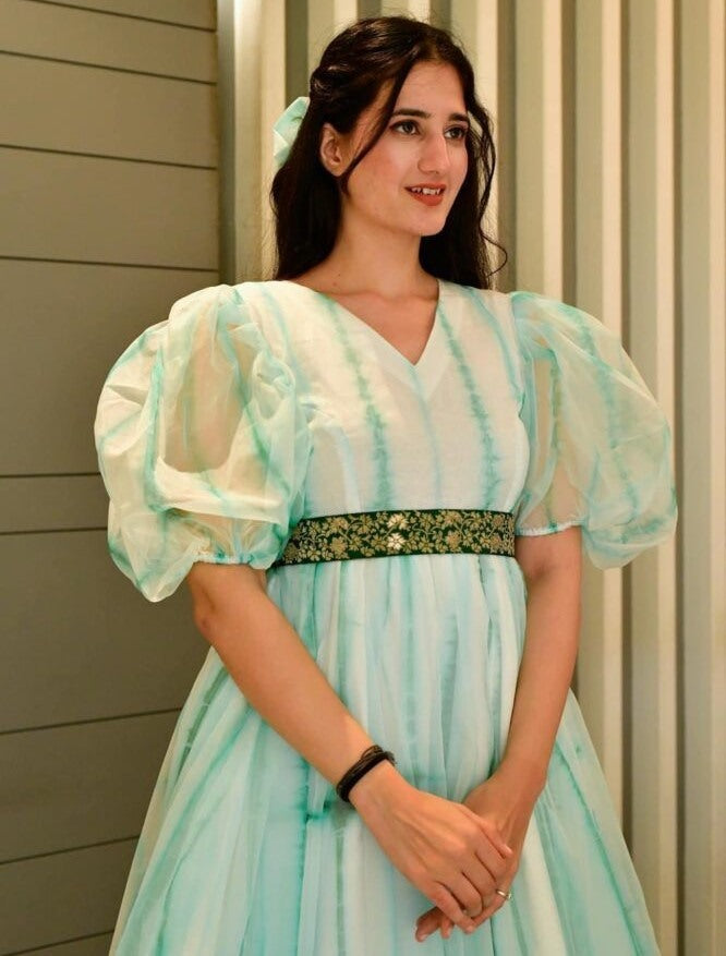 Light sea green organza printed balloon sleeves frock kurti