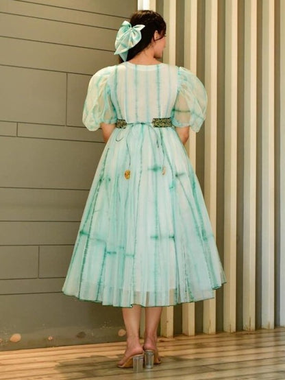 Light sea green organza printed balloon sleeves frock kurti