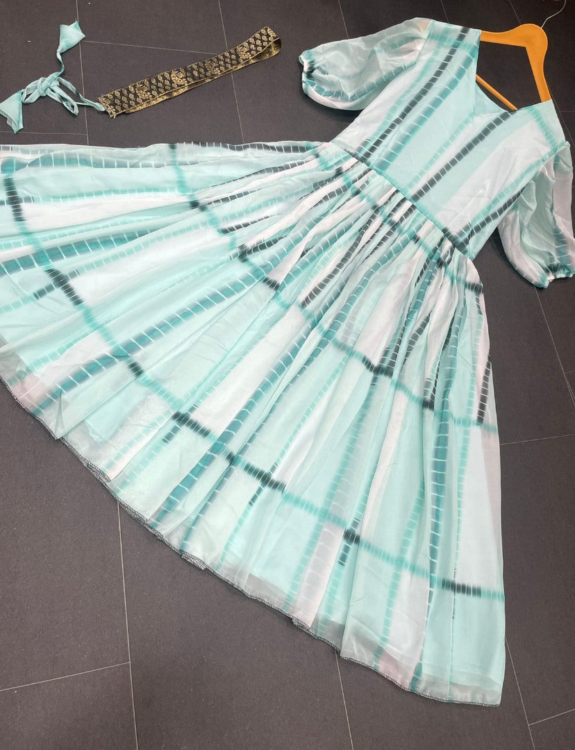 Light sea green organza printed balloon sleeves frock kurti