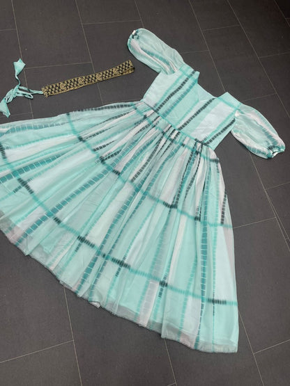 Light sea green organza printed balloon sleeves frock kurti
