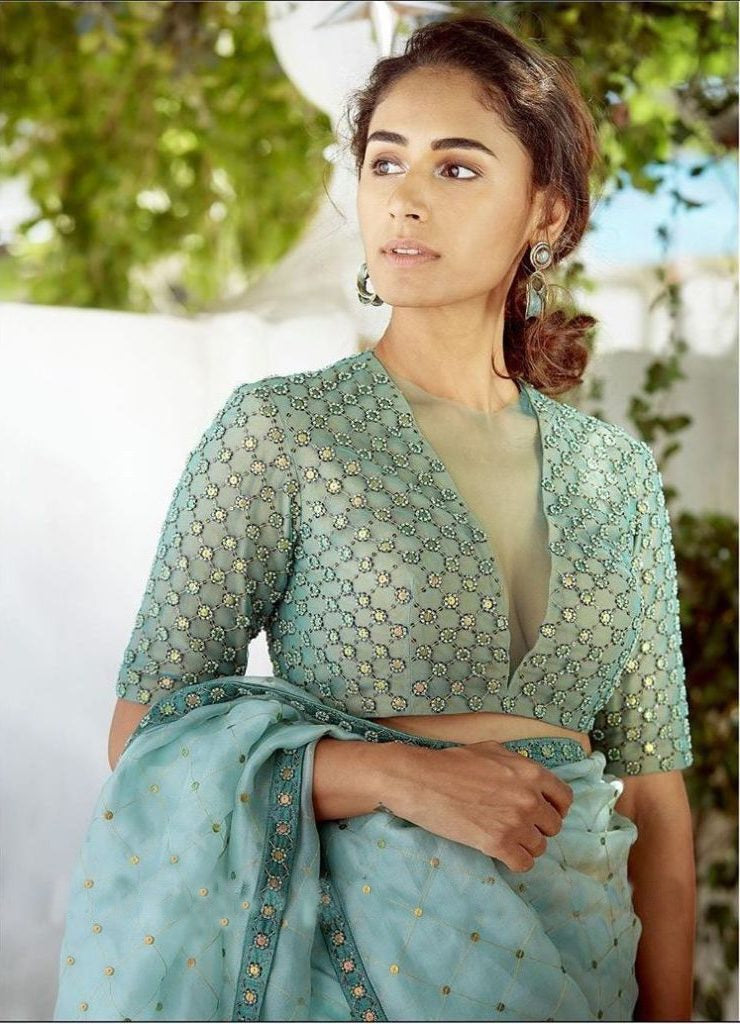 Light sea green sequence embroidery designer organza saree